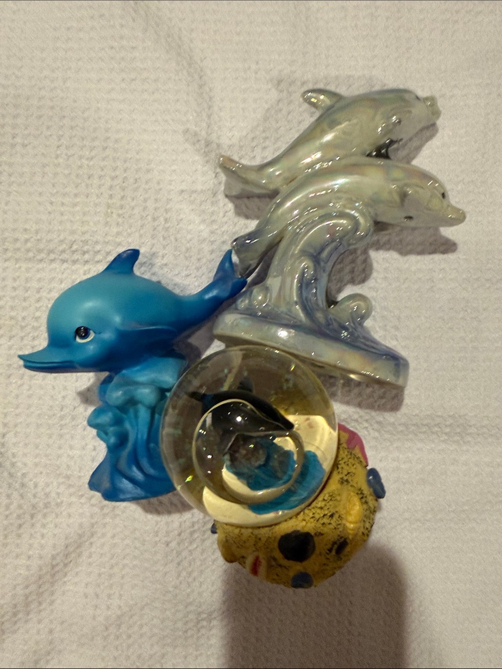 Ceramic Dolphin Figurines and Glass Paperweight Dolphin Snow globe